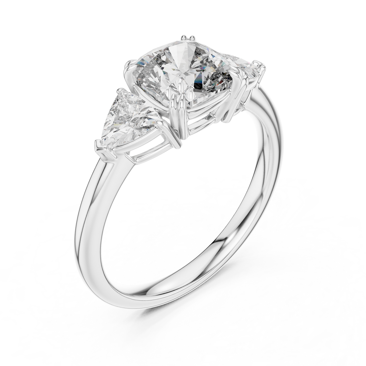 White gold lab grown diamond cushion cut three stone engagement ring, angled view