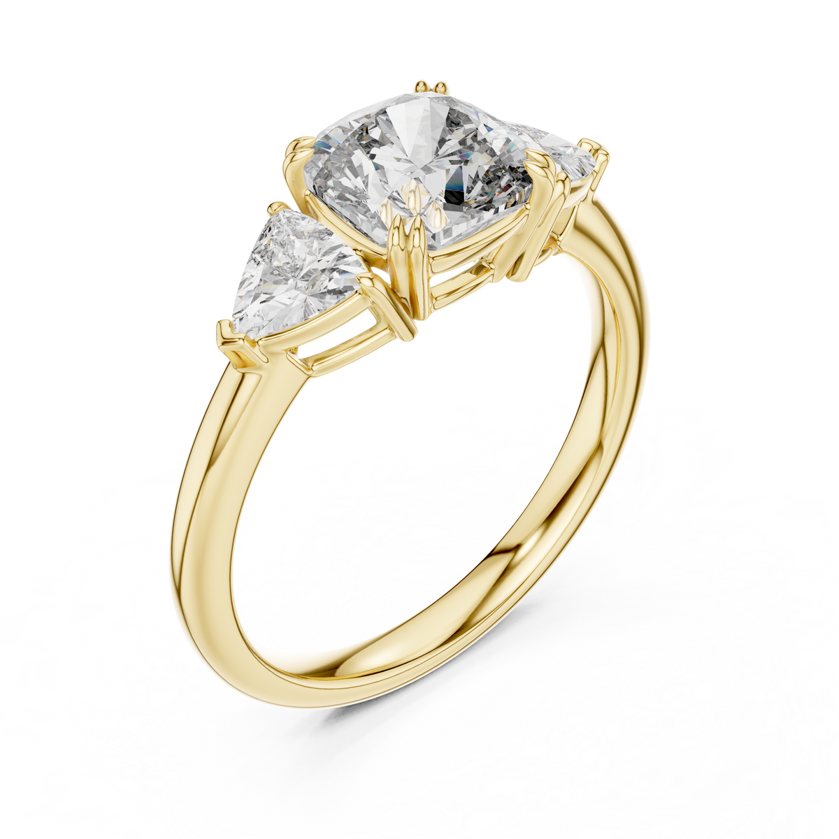 Yellow gold lab grown diamond cushion cut three stone engagement ring, angled view