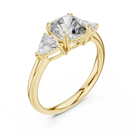 Yellow gold lab grown diamond cushion cut three stone engagement ring, angled view
