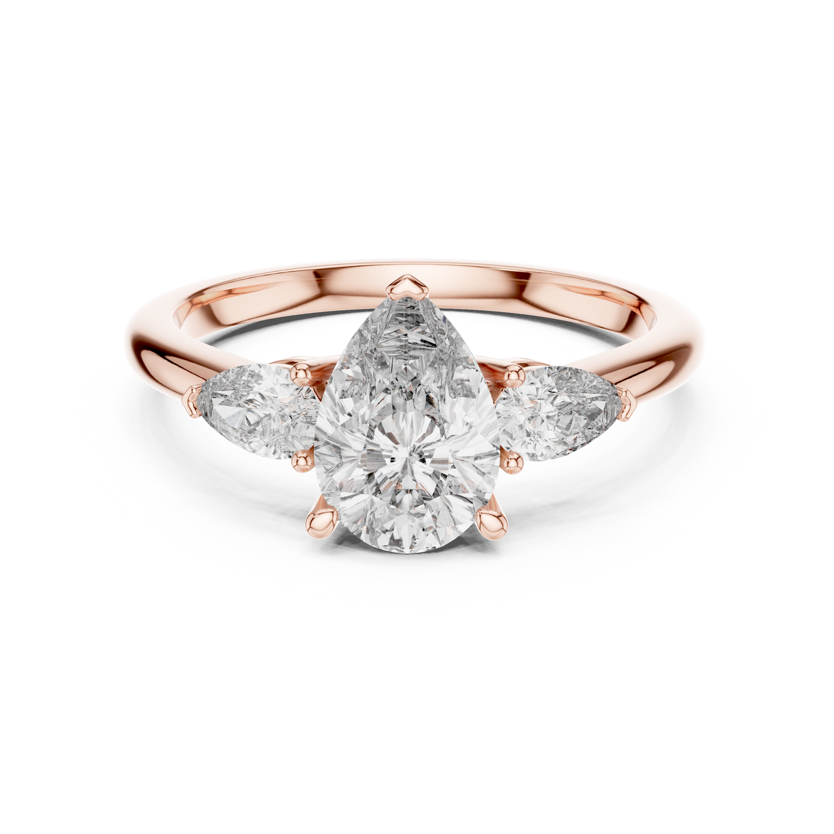 Rose gold 1.53 CTW lab grown diamond pear cut three stone engagement ring, front view
