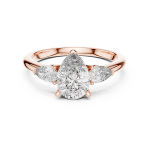 Rose gold 1.53 CTW lab grown diamond pear cut three stone engagement ring, front view
