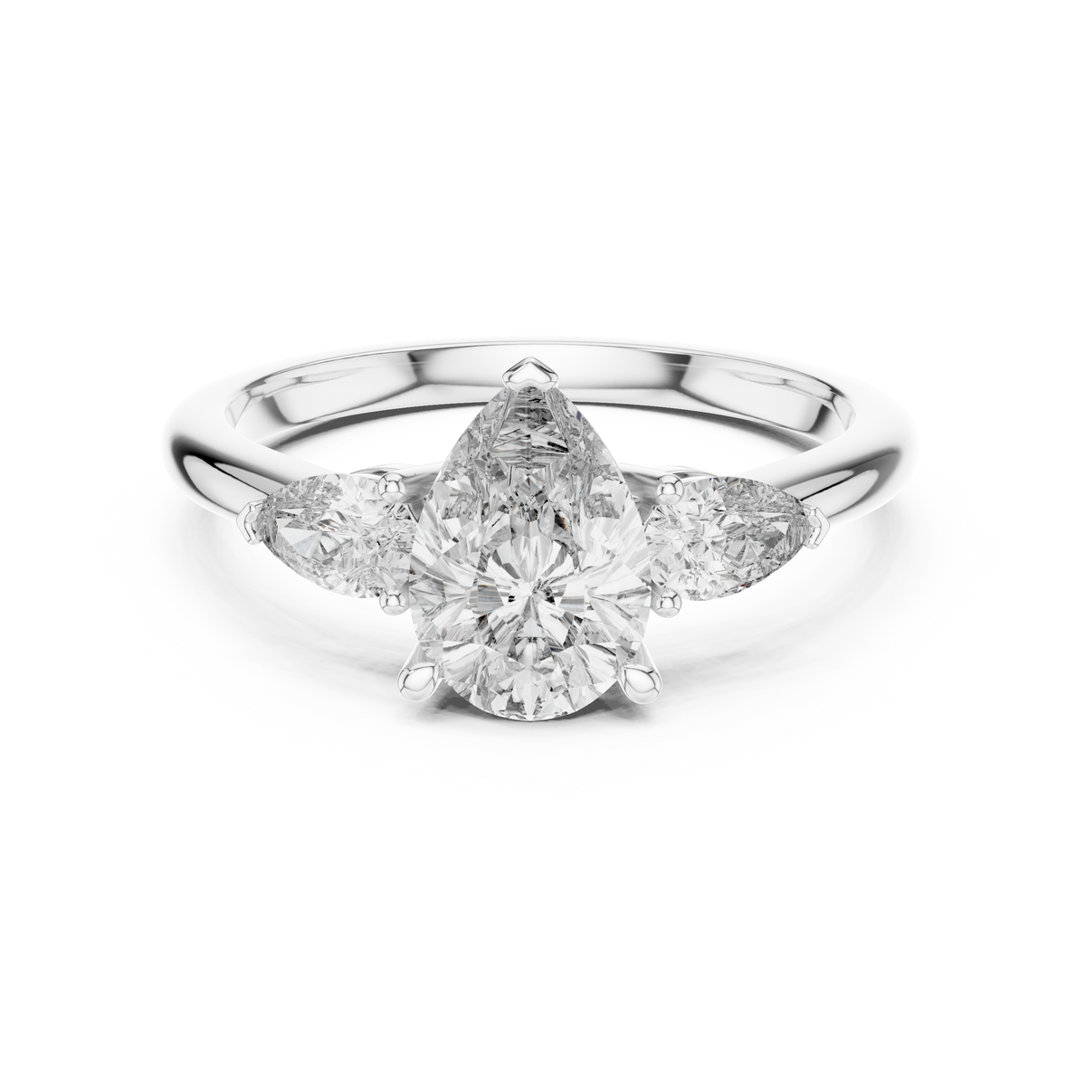 White gold 1.53 CTW lab grown diamond pear cut three stone engagement ring, front view