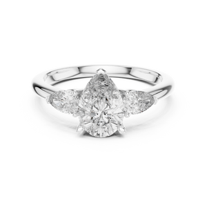 White gold 1.53 CTW lab grown diamond pear cut three stone engagement ring, front view