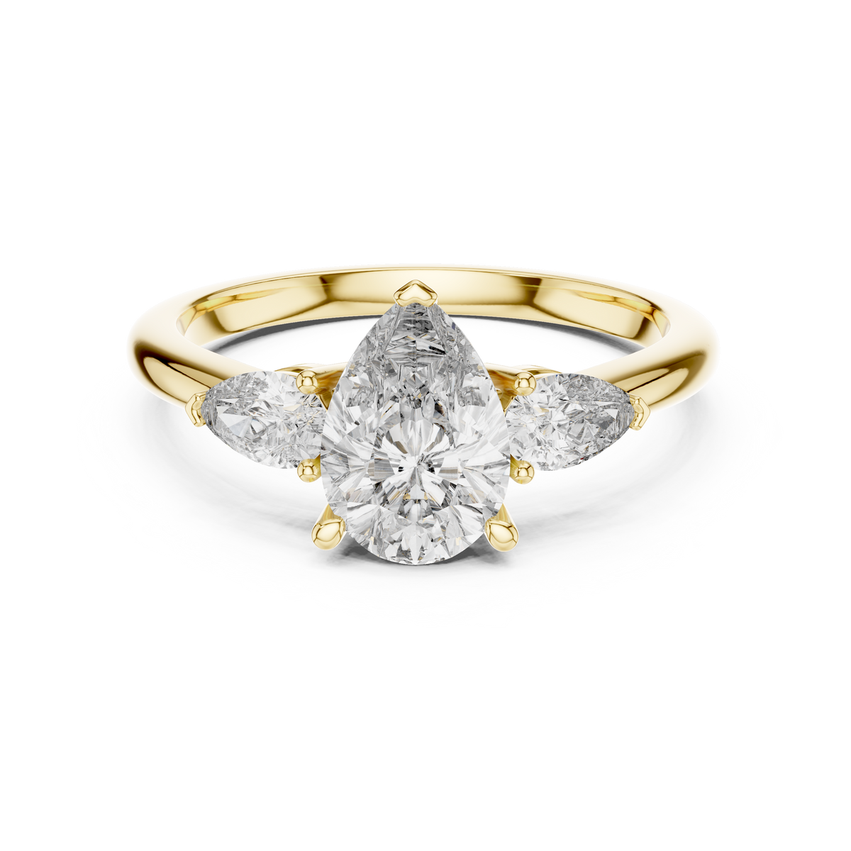 Yellow gold 1.53 CTW lab grown diamond pear cut three stone engagement ring, front view