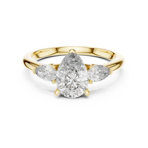 Yellow gold 1.53 CTW lab grown diamond pear cut three stone engagement ring, front view