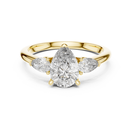Yellow gold 1.53 CTW lab grown diamond pear cut three stone engagement ring, front view