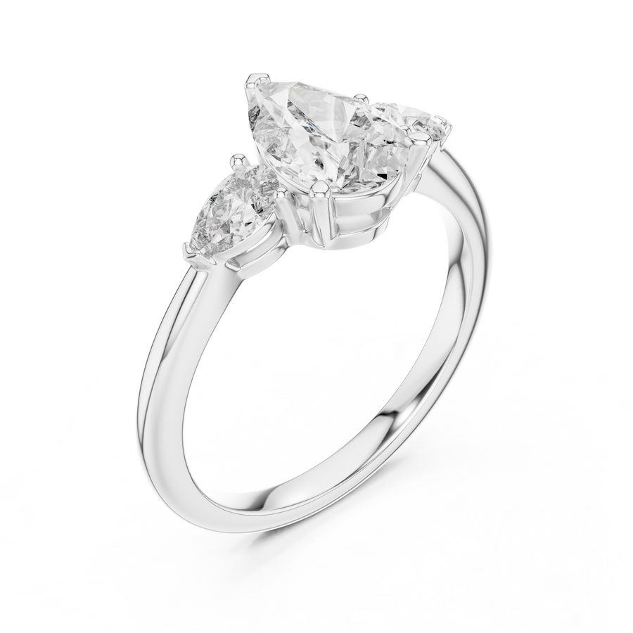 White gold lab grown diamond pear cut three stone engagement ring, angled view