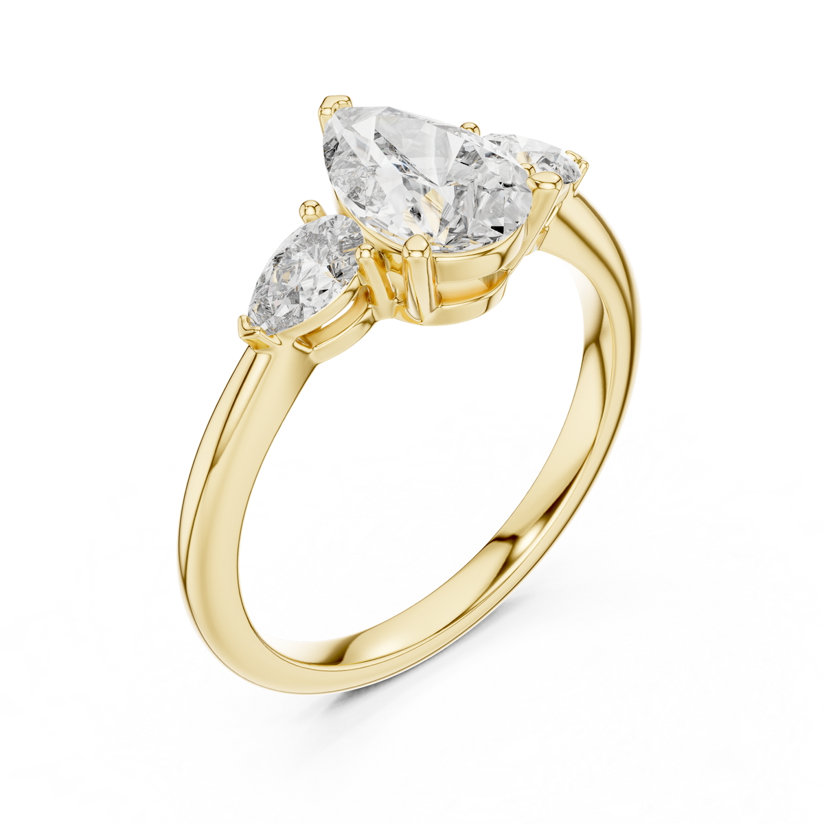 Yellow gold lab grown diamond pear cut three stone engagement ring, angled view