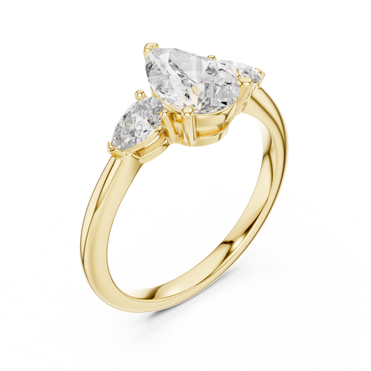 Yellow gold lab grown diamond pear cut three stone engagement ring, angled view