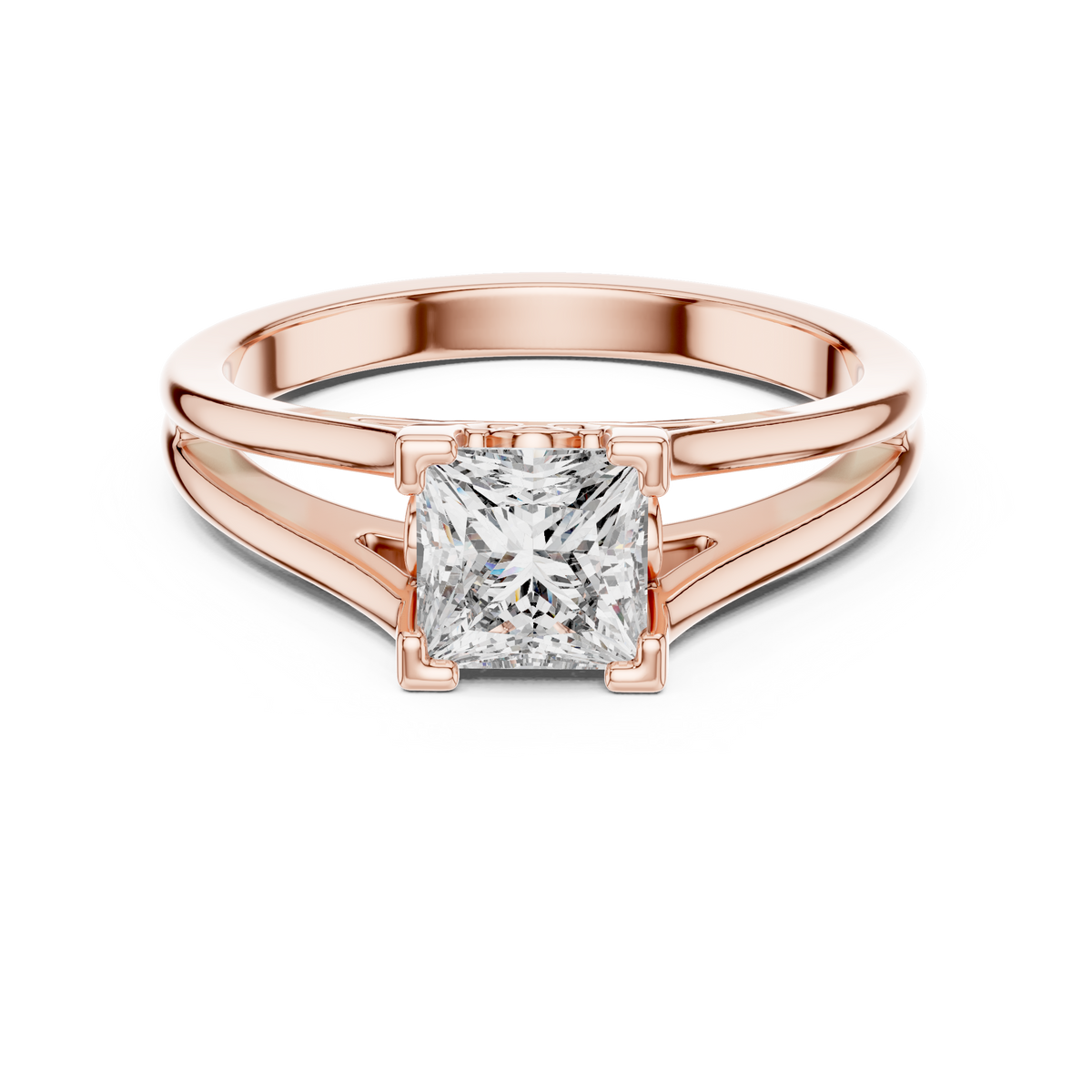 Rose gold 1.04 CTW lab grown diamond princess cut solitaire engagement ring, front view