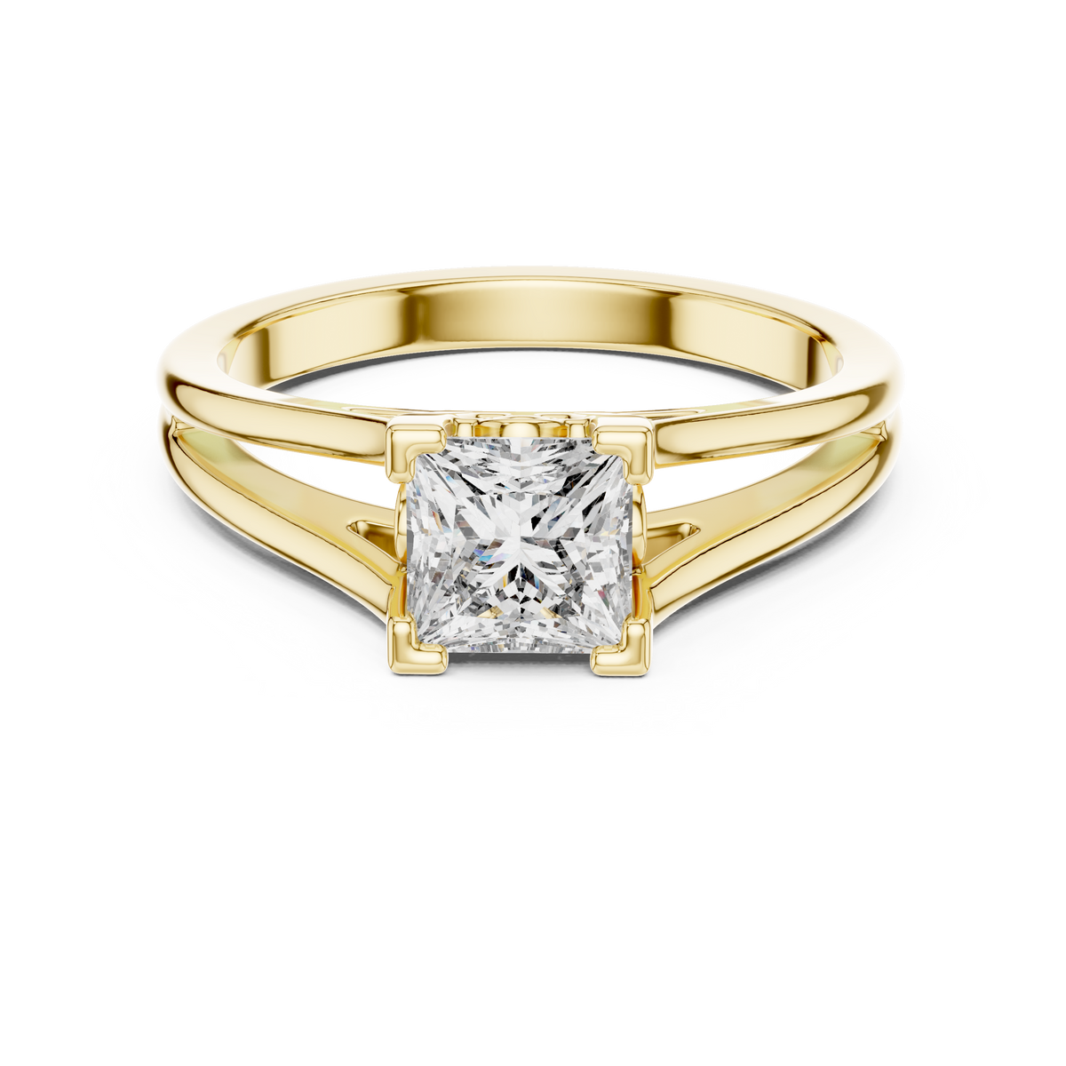 Yellow gold 1.04 CTW lab grown diamond princess cut solitaire engagement ring, front view