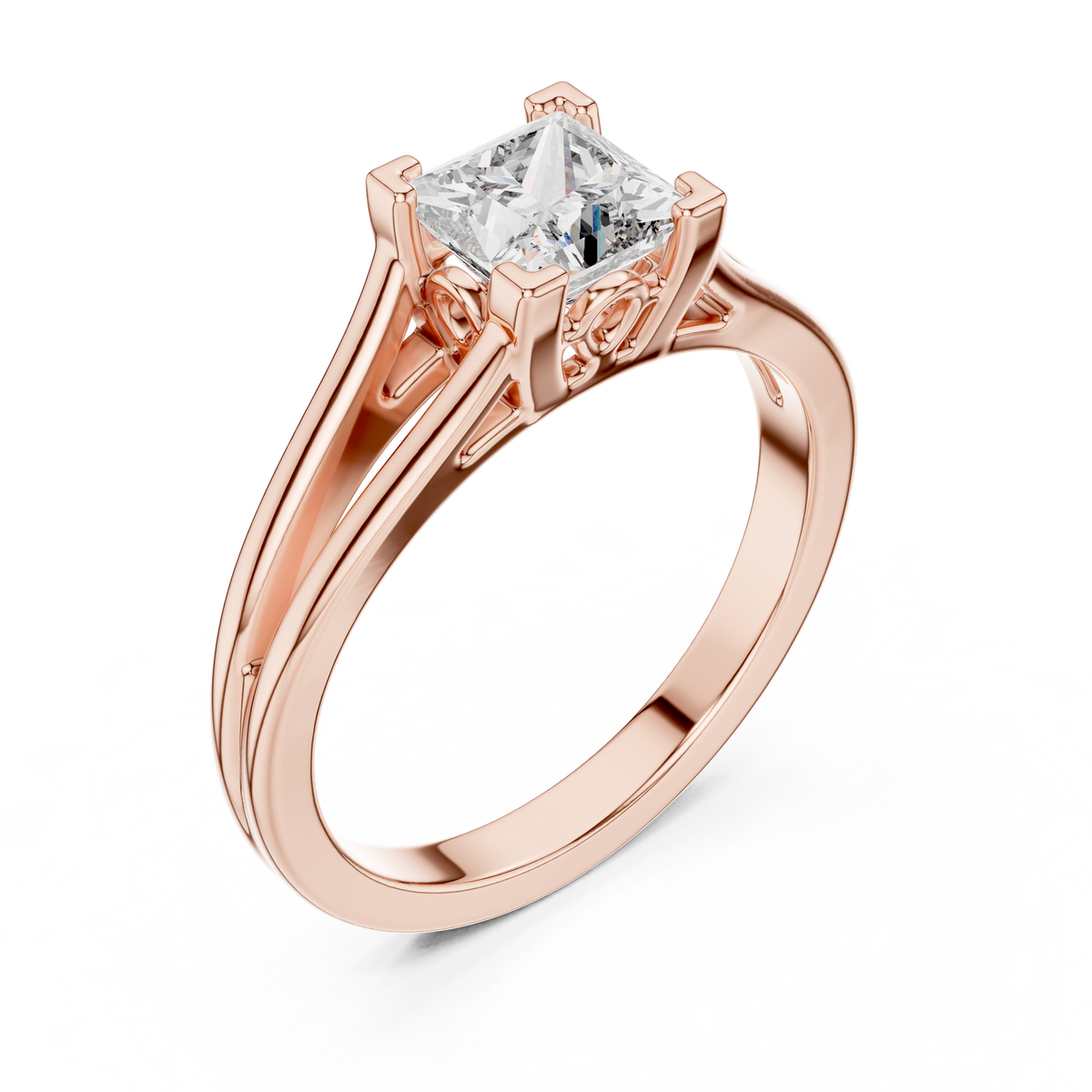Rose gold lab grown diamond princess cut solitaire engagement ring, angled view
