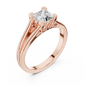 Rose gold lab grown diamond princess cut solitaire engagement ring, angled view