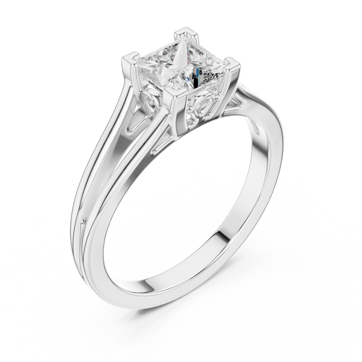 White gold lab grown diamond princess cut solitaire engagement ring, angled view