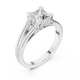White gold lab grown diamond princess cut solitaire engagement ring, angled view