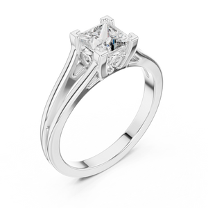 White gold lab grown diamond princess cut solitaire engagement ring, angled view