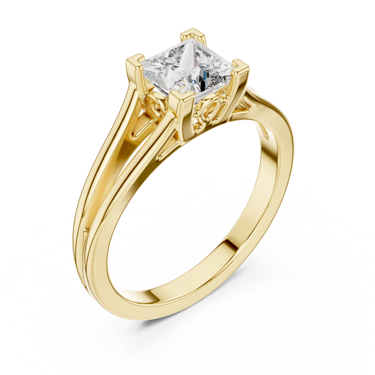 Yellow gold lab grown diamond princess cut solitaire engagement ring, angled view