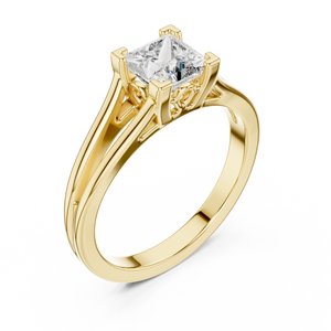 Yellow gold lab grown diamond princess cut solitaire engagement ring, angled view