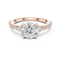Rose gold 1.78 CTW lab grown diamond round cut three stone engagement ring, front view