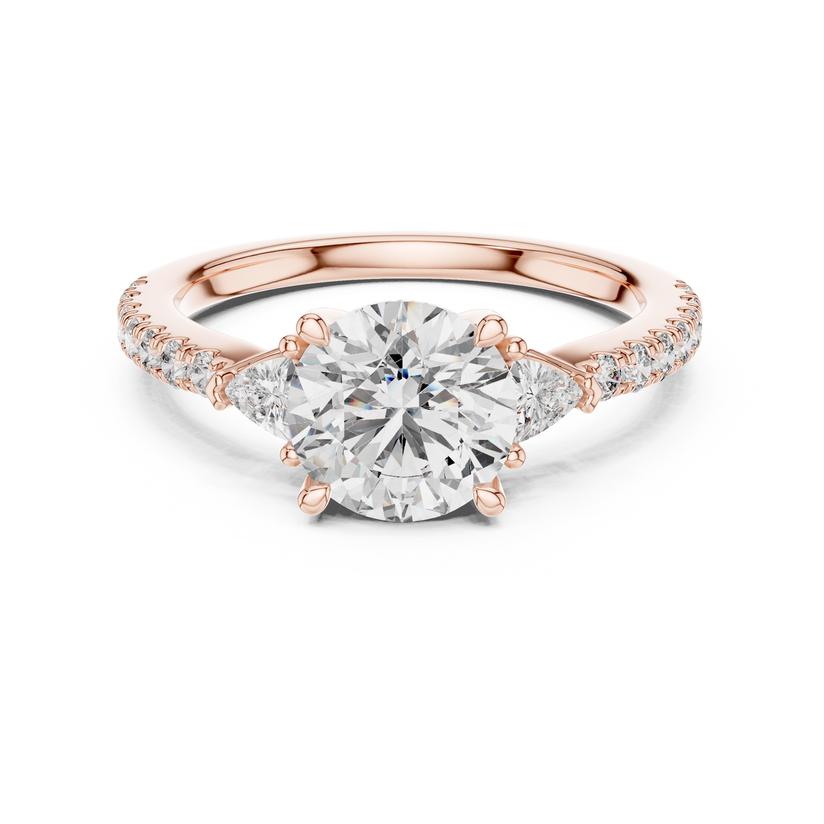 Rose gold 1.78 CTW lab grown diamond round cut three stone engagement ring, front view