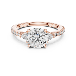 Rose gold 1.78 CTW lab grown diamond round cut three stone engagement ring, front view