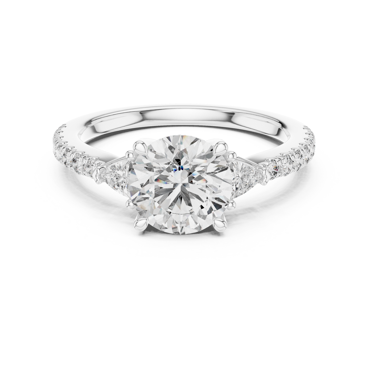 White gold 1.78 CTW lab grown diamond round cut three stone engagement ring, front view