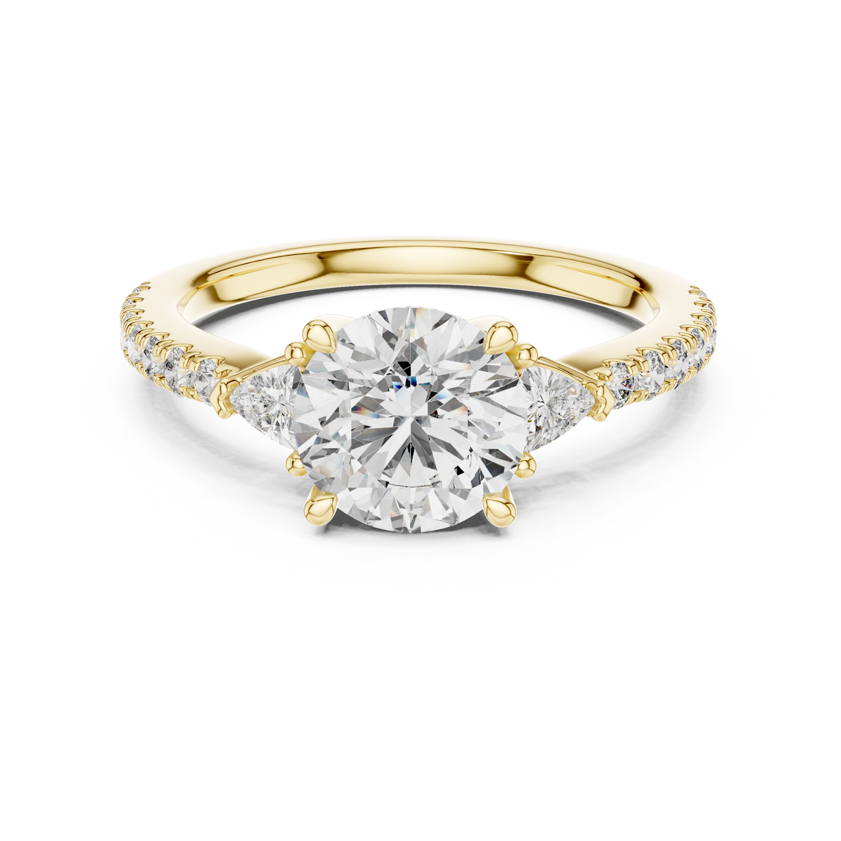 Yellow gold 1.78 CTW lab grown diamond round cut three stone engagement ring, front view
