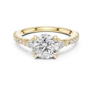 Yellow gold 1.78 CTW lab grown diamond round cut three stone engagement ring, front view