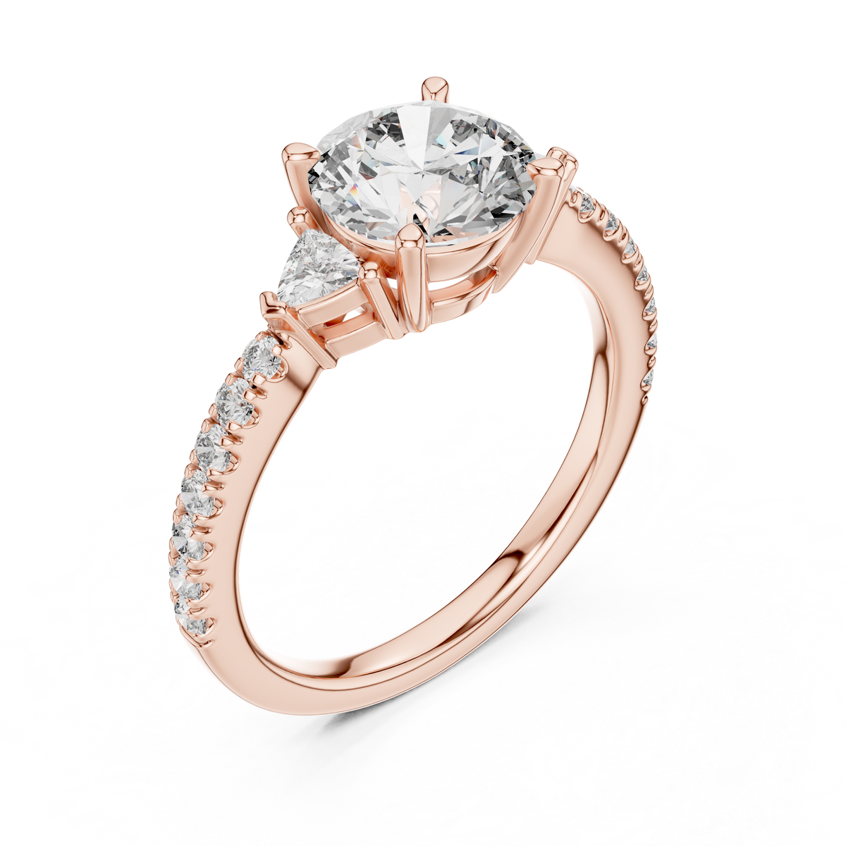 Rose gold lab grown diamond round cut three stone engagement ring, angled view