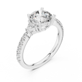 White gold lab grown diamond round cut three stone engagement ring, angled view