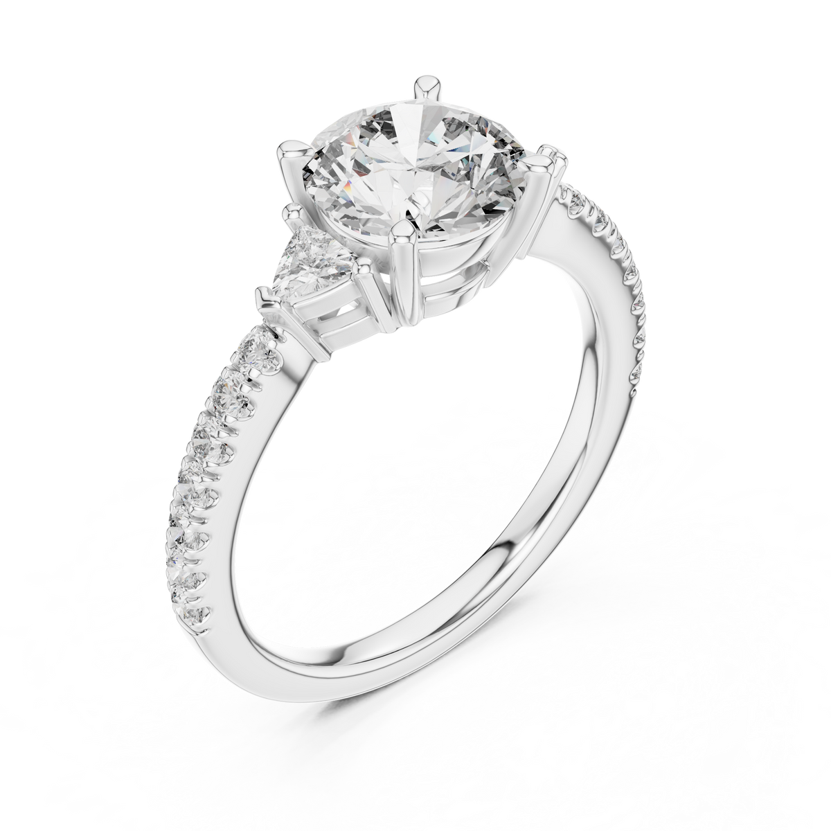 White gold lab grown diamond round cut three stone engagement ring, angled view