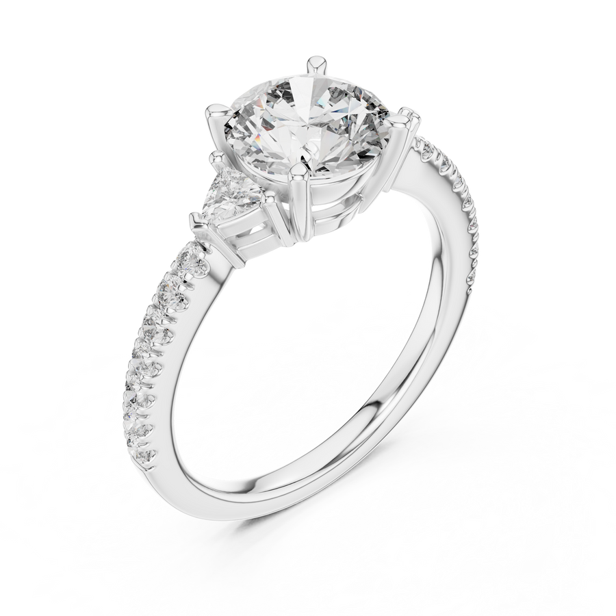 White gold lab grown diamond round cut three stone engagement ring, angled view