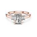 Rose gold 1.70 CTW lab grown diamond radiant cut three stone engagement ring, front view