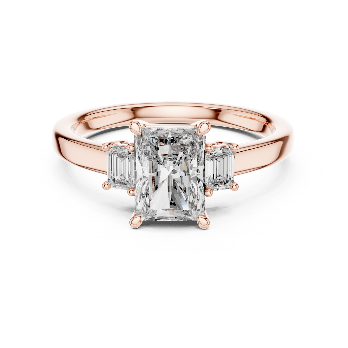 Rose gold 1.70 CTW lab grown diamond radiant cut three stone engagement ring, front view