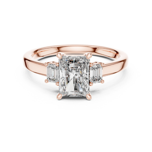 Rose gold 1.70 CTW lab grown diamond radiant cut three stone engagement ring, front view
