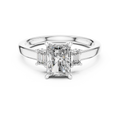 White gold 1.70 CTW lab grown diamond radiant cut three stone engagement ring, front view