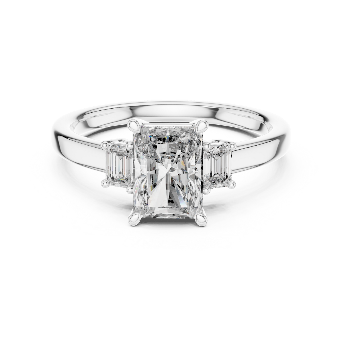 White gold 1.70 CTW lab grown diamond radiant cut three stone engagement ring, front view