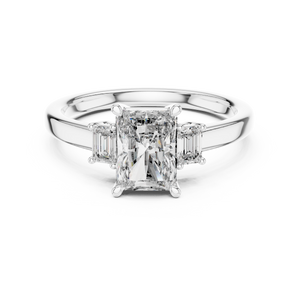 White gold 1.70 CTW lab grown diamond radiant cut three stone engagement ring, front view