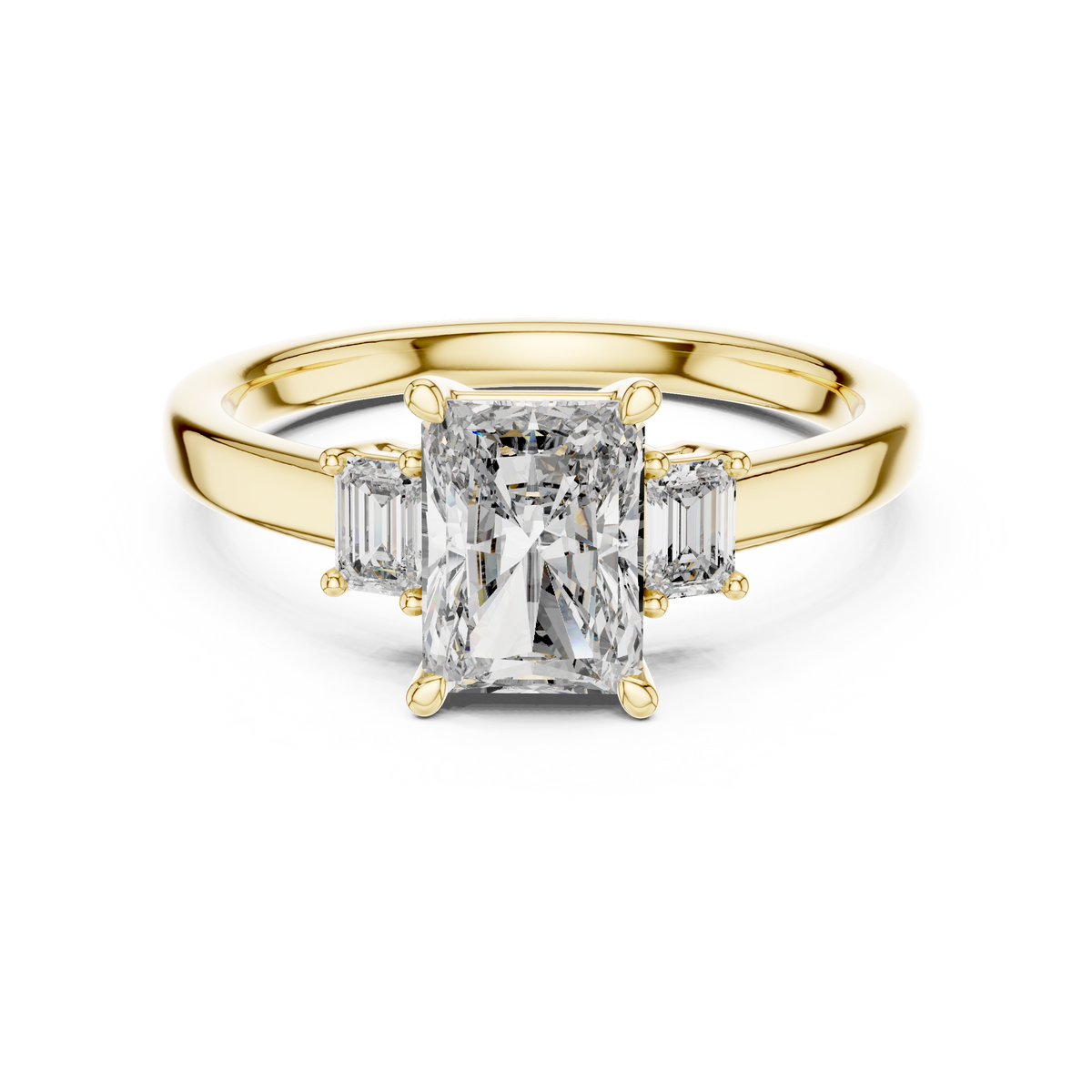 Yellow gold 1.70 CTW lab grown diamond radiant cut three stone engagement ring, front view