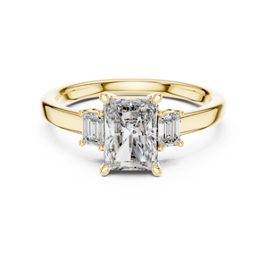Yellow gold 1.70 CTW lab grown diamond radiant cut three stone engagement ring, front view