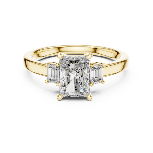 Yellow gold 1.70 CTW lab grown diamond radiant cut three stone engagement ring, front view