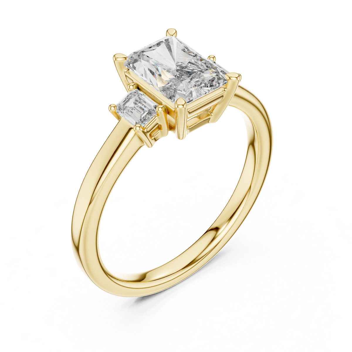 Yellow gold lab grown diamond radiant cut three stone engagement ring, angled view