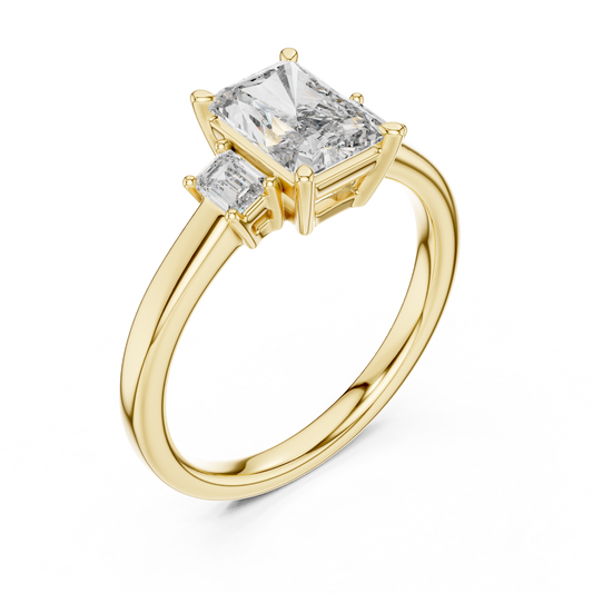 Yellow gold lab grown diamond radiant cut three stone engagement ring, angled view