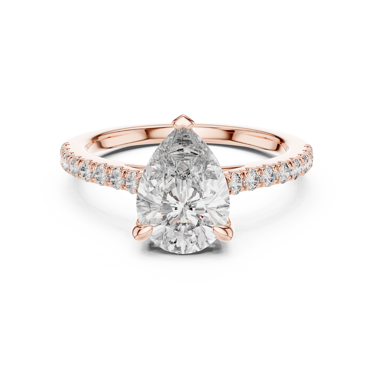 Rose gold 2.29 CTW lab grown diamond pear cut solitaire engagement ring, front view