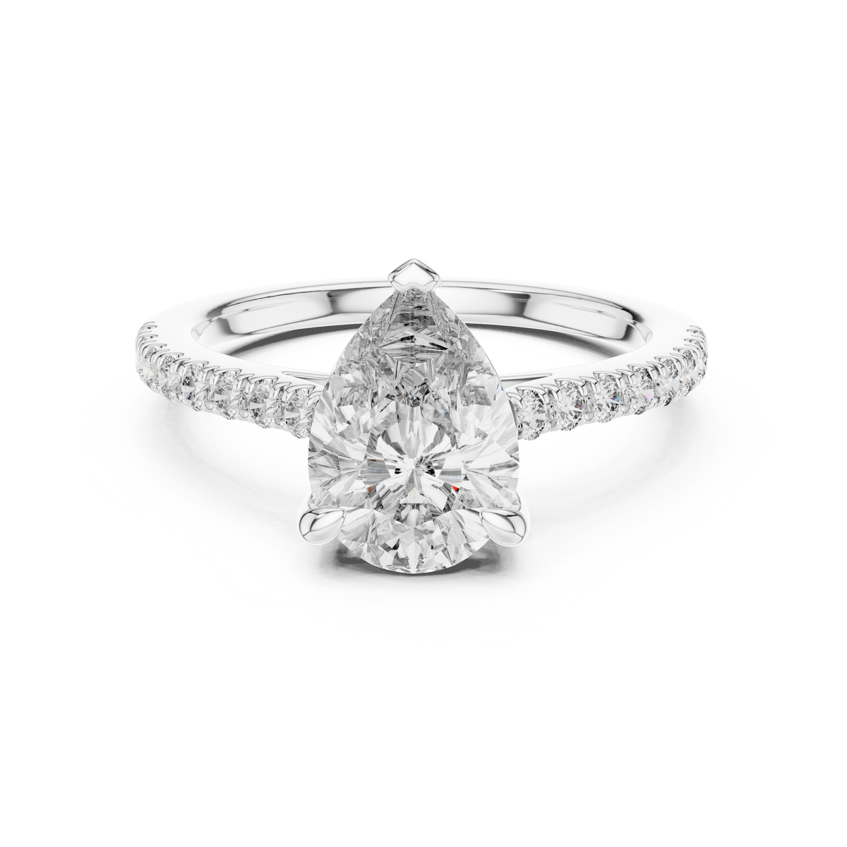 White gold 2.29 CTW lab grown diamond pear cut solitaire engagement ring, front view
