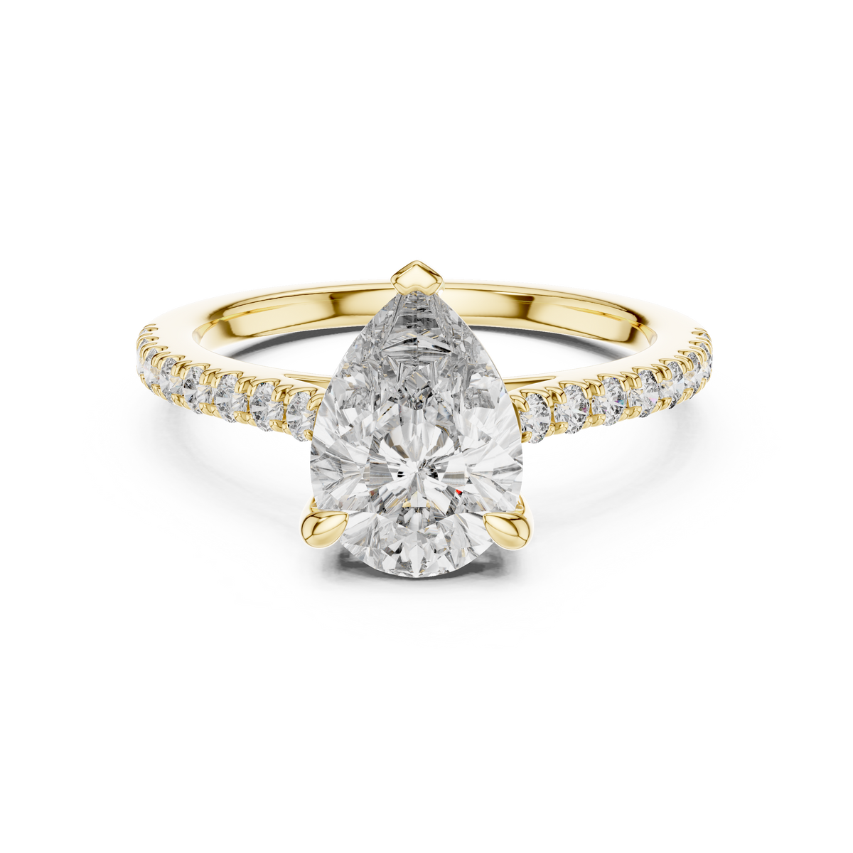 Yellow gold 2.29 CTW lab grown diamond pear cut solitaire engagement ring, front view