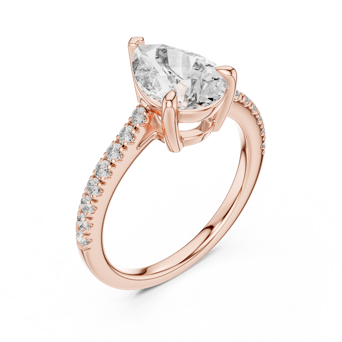 Rose gold lab grown diamond pear cut solitaire engagement ring, angled view
