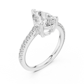 White gold lab grown diamond pear cut solitaire engagement ring, angled view