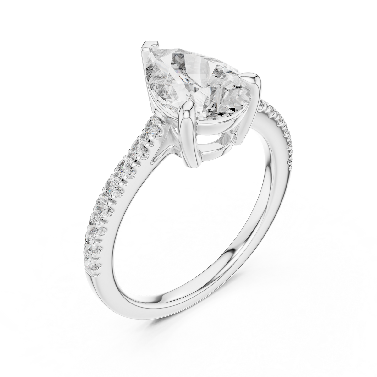 White gold lab grown diamond pear cut solitaire engagement ring, angled view