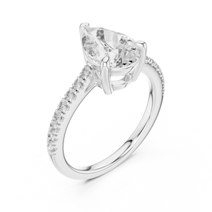 White gold lab grown diamond pear cut solitaire engagement ring, angled view
